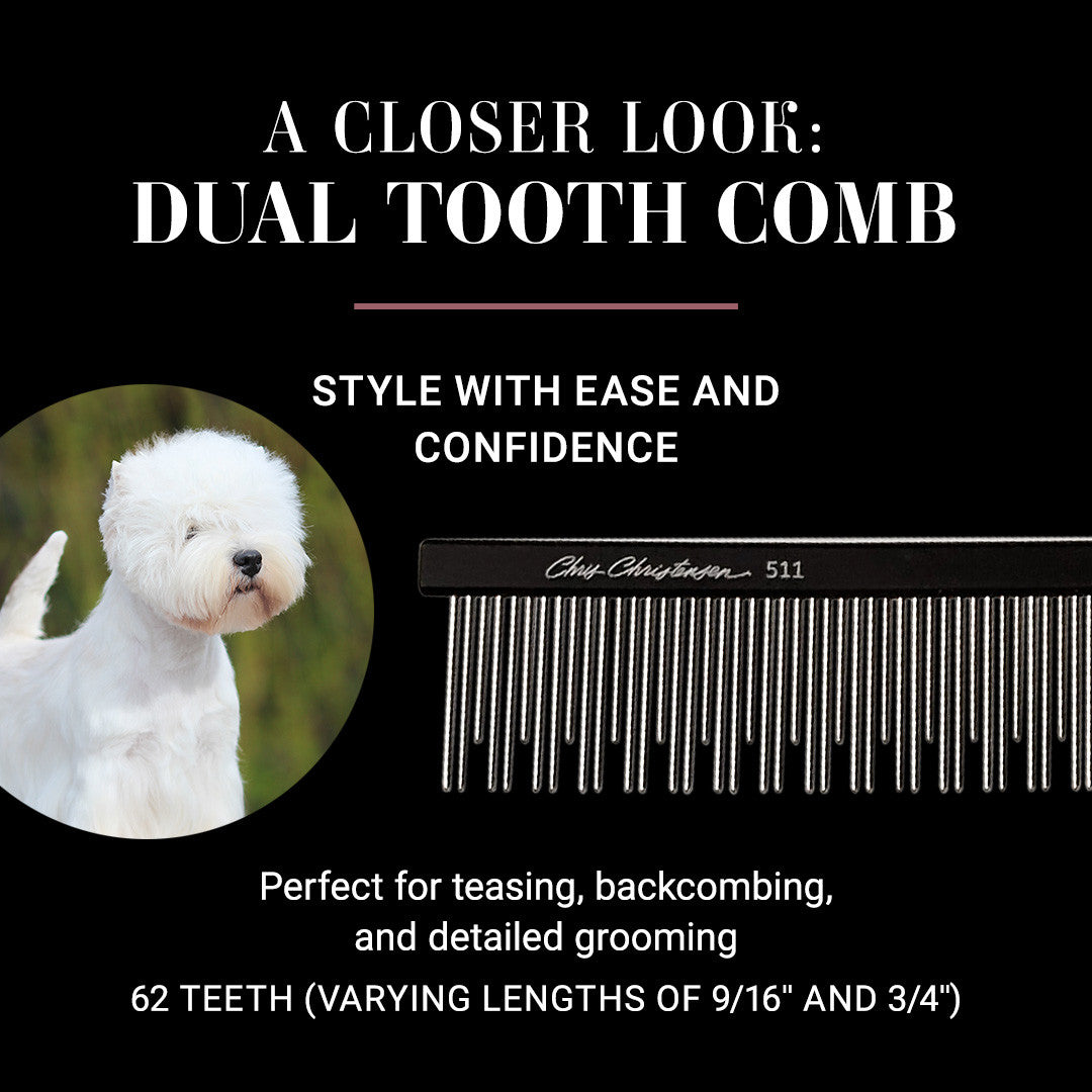 A closer look: Dual tooth comb - style with ease and confidence! Perfect for teasing, backcombing, and detailed grooming. 62 teeth (varying lengths of 9/16" and 3/4")