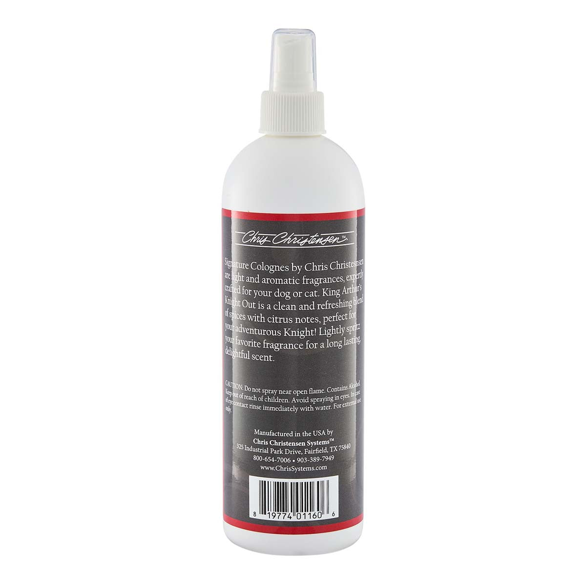 16 oz Chris Christensen Signature Scents Grooming Cologne - King Arthur's Knight Out back of label